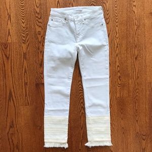 7 For All Mankind Skinny Crop Jeans Womens 25 White Crochet Fringe Cuffs Hem